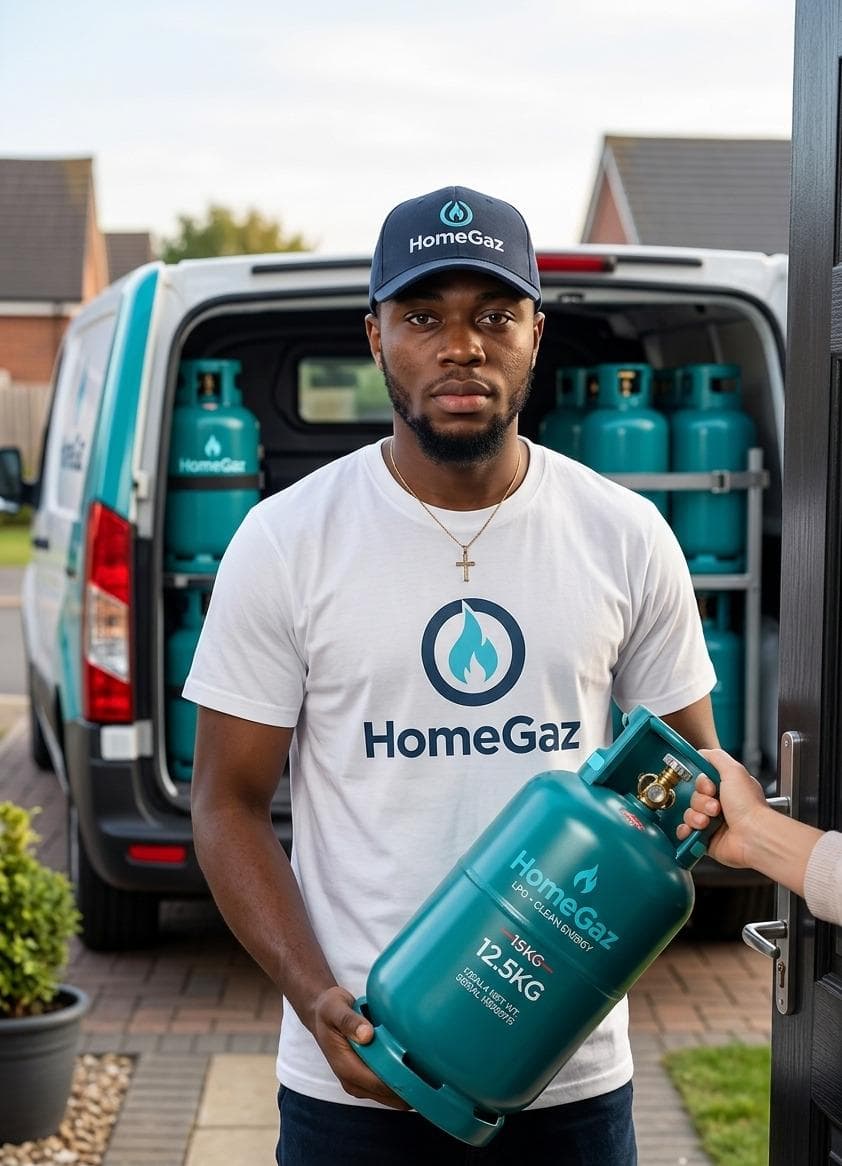 Livreur HomeGaz avec une bouteille de gaz